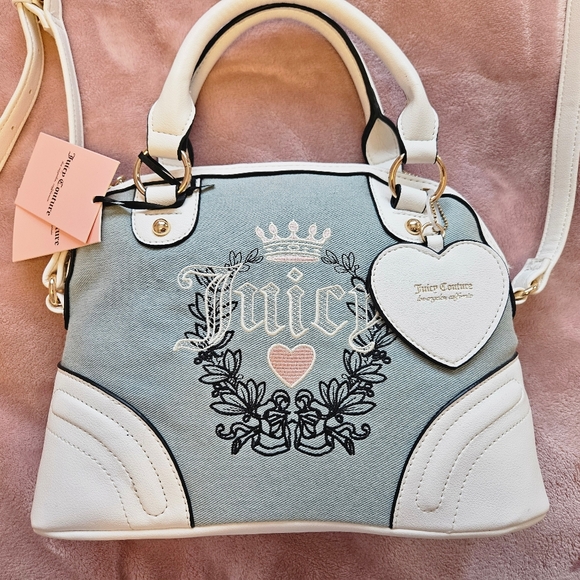 Juicy Couture Handbags - Juicy Couture Denim Heritage Satchel Blue & White with Heart Charm